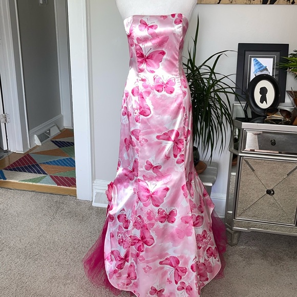 Vintage Jessica McClintock for Gunne Sax Pink Butterfly Satin Strapless Dress - Picture 1 of 14